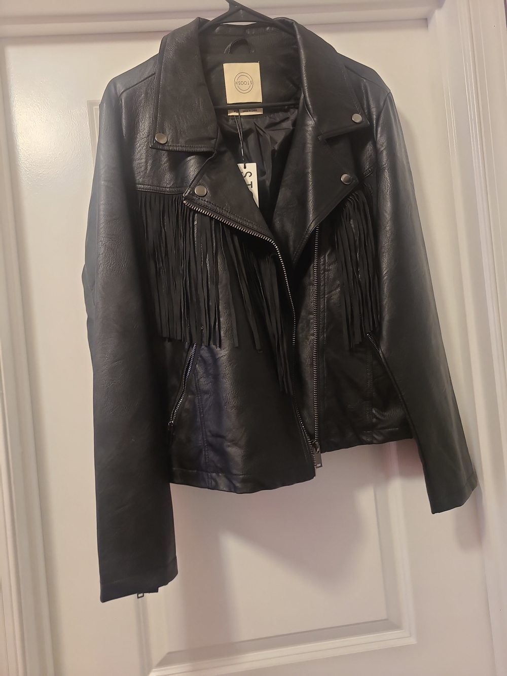 26 International Black Fringe Faux Leather Moto Jacket W/ Pockets. NWT